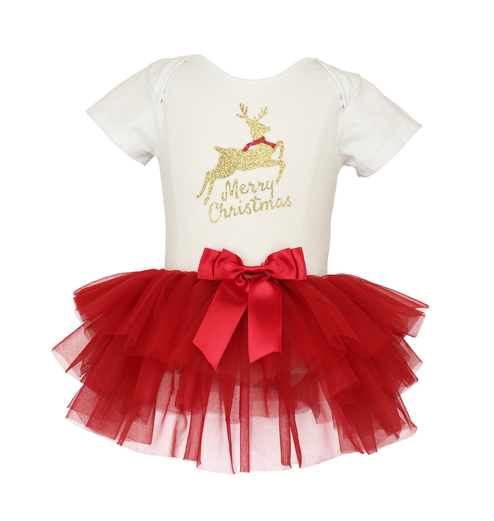 Popatu Baby Girls Gold Reindeer "Merry Christmas" Skirted Bodysuit