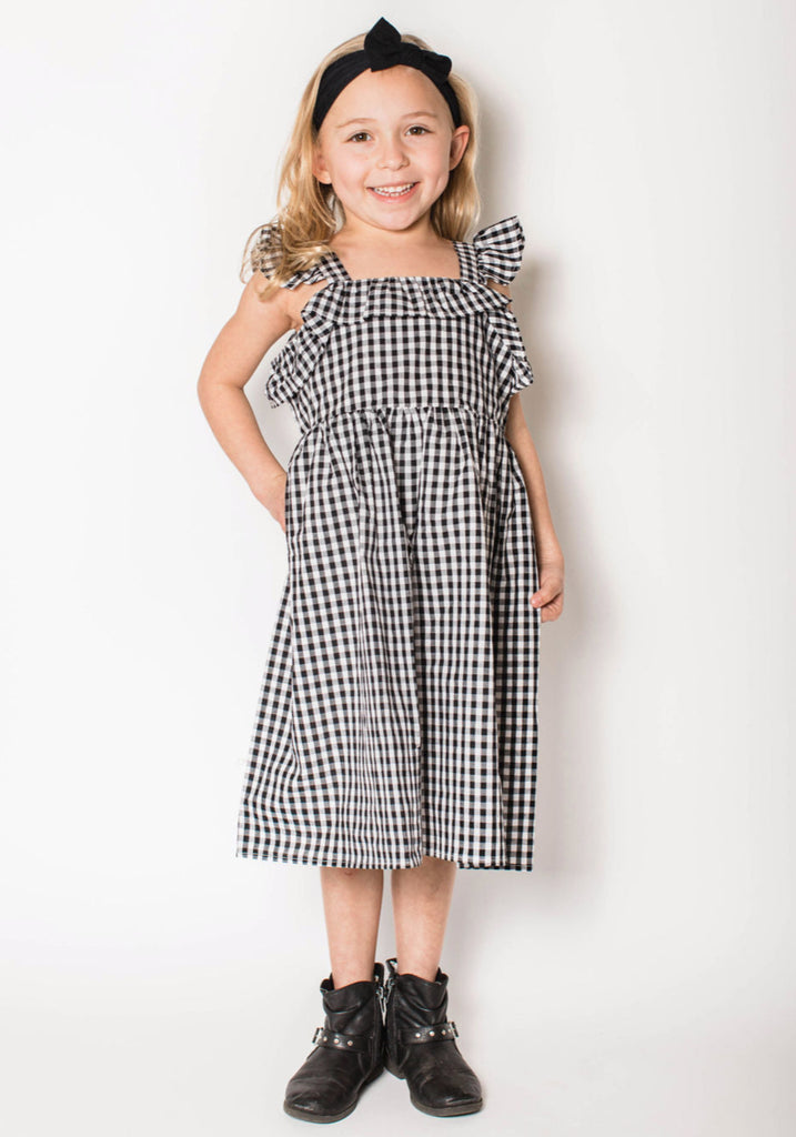 Popatu Little Girls Black Checkered Flutter Dress