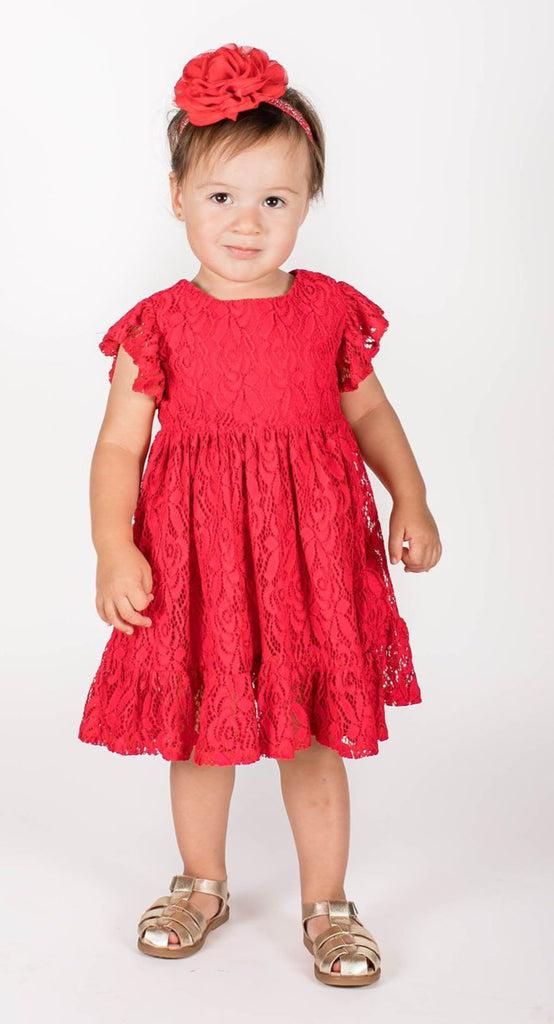 Popatu Baby Girls Flutter Red Lace  Dress