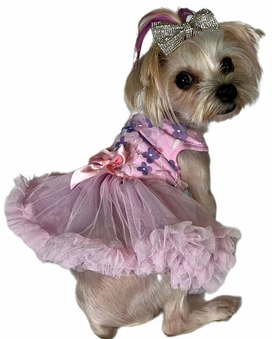 Pawpatu Pink and Purple Mini Flower Elegant Dress for Dogs